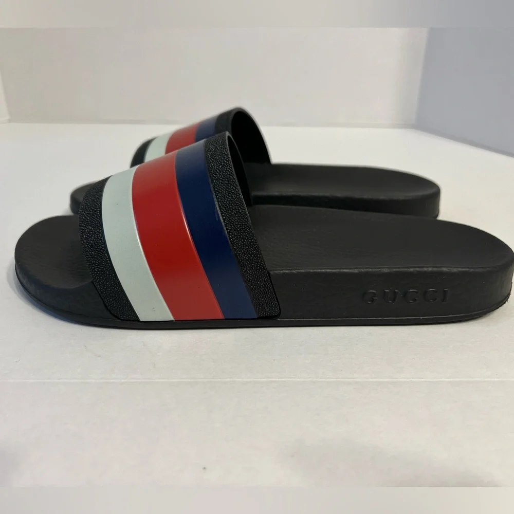 Gucci WEB RUBBER Slides‎ IN BLACK Blue / Red & White Sandals men’s UK size 6